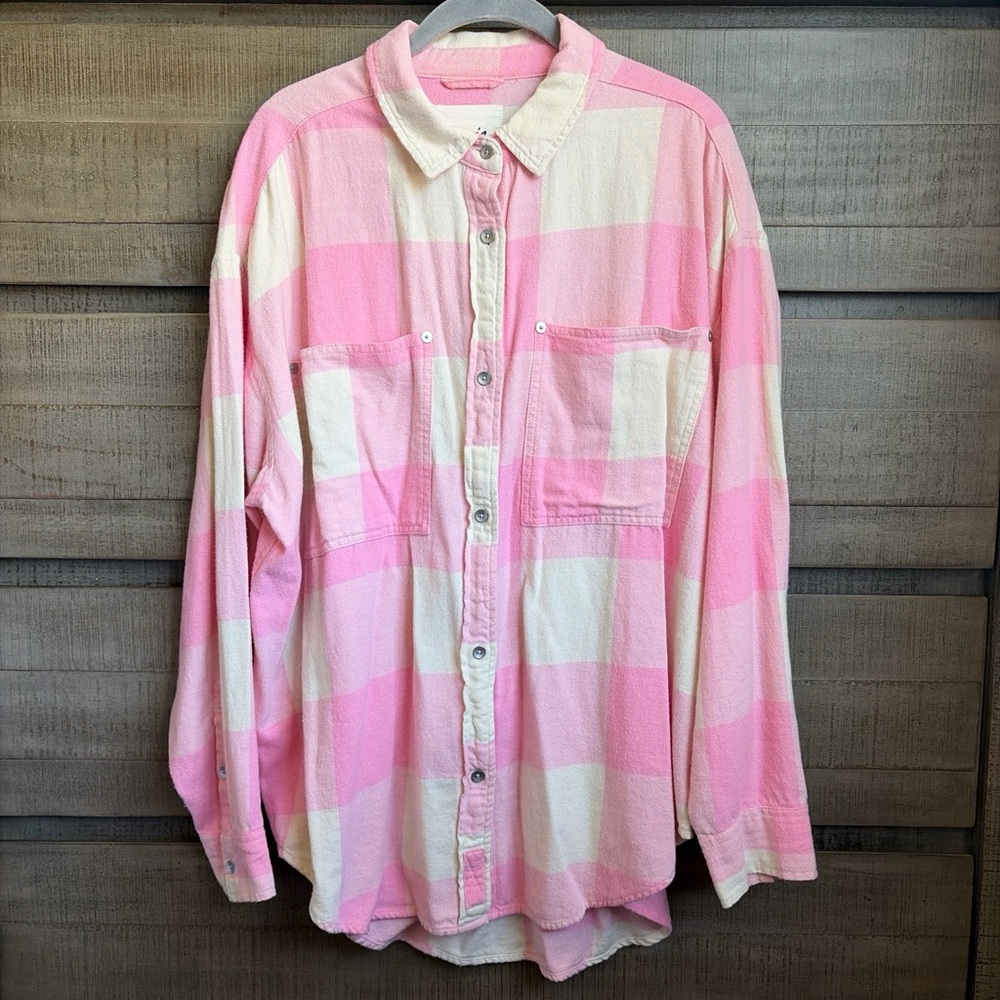 Aerie Pink and Cream Plaid Button-Down Flannel Shirt